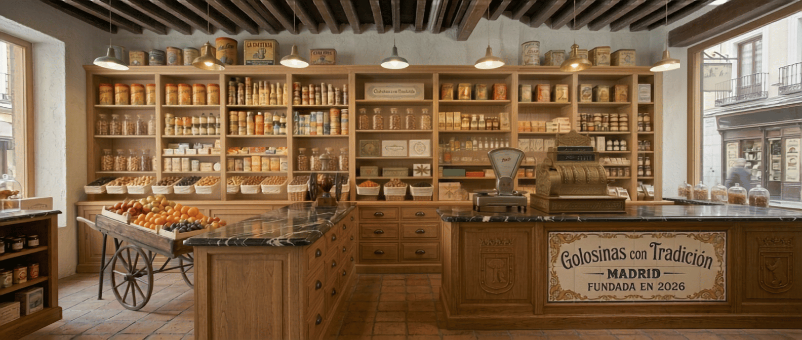 Tienda de ultramarinos inspirada en Madrid para Golosinas con Tradición